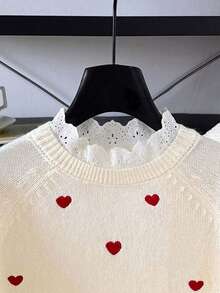 SHEIN Young Girl Lace Trim Heart Pattern Casual Sweater, Autumn/Winter Heart Embroidered Top Cute Sweater Girls Heart Sweater Embroidered Heart Sweater Girl Knit Christmas Seasons - Spring, Summer, Autumn, Winter, Great Christmas Gift For Young Girls - Apricot - View 5
