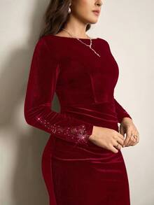 Chikora 大码女式水钻装饰褶皱修身优雅派对长袖连衣裙 - 酒紅色 - 查看 7