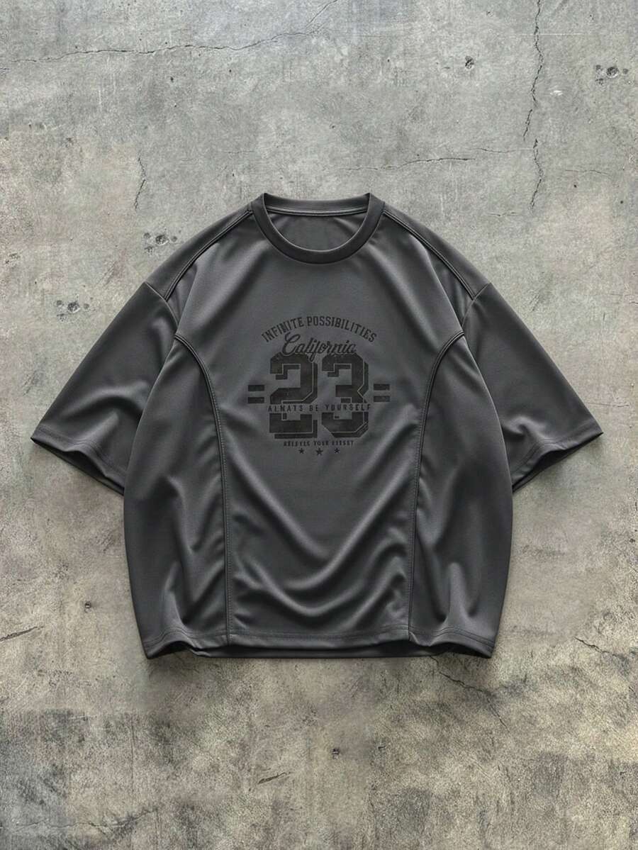 AXEPEAK Áo thun nam cổ tròn tay ngắn dáng rộng phong cách đường phố - Màu xám đen - Xem 1