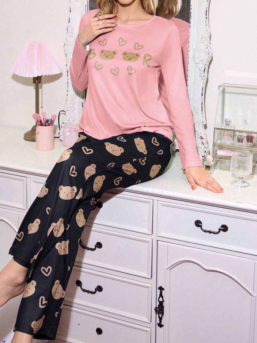 SweetSlumber Cute Heart, Bear & Letter Pattern Women Pajama Set, Winter Clothes - Multicolor - View 1