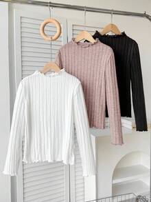 SHEIN 3件套少女秋冬罗纹立领修身长袖上衣，休闲百搭套头衫 - 淺粉色 - 查看 3