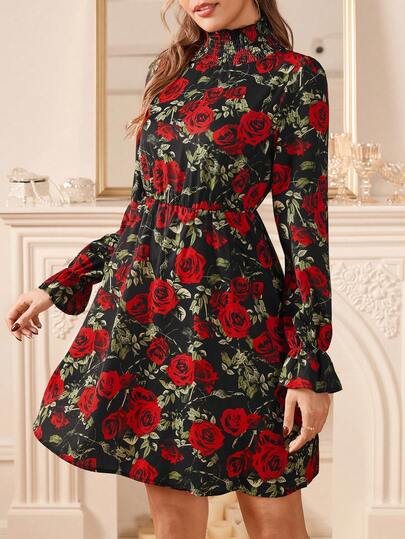 Amorya Vestido corto de manga larga con cintura ceñida y estampado floral rojo y negro en forma de línea A, para otoño/invierno