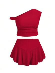 CurvyTilda Bộ đồ đôi Maweii Plus Size hở vai và quần culot bất đối xứng cho nữ ngày lễ tình nhân thường ngày hẹn hò tiệc hòa nhạc năm mới mùa xuân hè mùa tốt nghiệp trang phục mùa hè xanh cho nữ ngày lễ thánh Patrick - Đỏ - Xem 3