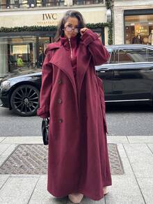 NegzBox Women Burgundy Color Long Sleeve Simple Front Button Longline Jacket, Casual Everyday Wear Vintage Burgundy Long Woolen Coat, Warm And Thickened In Winter Hollowed Costumes Thanksgiving Women Outfit Halloween Women Costumes Winter Long Women Coats Christmas Women Clothes Trench Women Coat Fall Women Outfits  In Fall/Winter - Burgundy - View 5