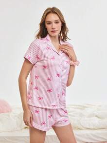 Bonmuse Stripe & Bow Print Women Short Sleeve Shorts Pajama Set