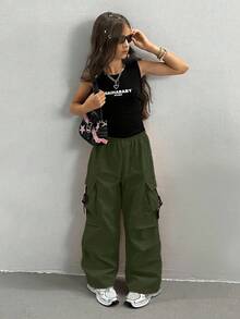 Sparklyn 少女纯色松紧腰宽松休闲工装裤 - 軍綠色 - 查看 5