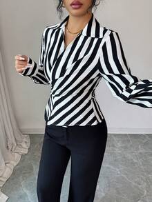 Elenzga 女士优雅通勤黑白条纹领交叉系带长袖修身衬衫，春秋季 - 彩色 - 查看 7