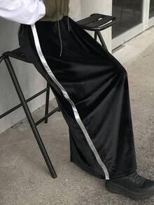 FRIFUL Women's Velvet Color Block Straight Elastic Waist Skirt Fall,Winter - Black - View 2