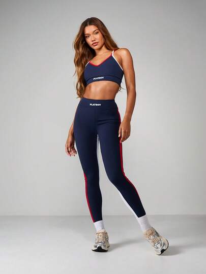 Missguided x Playboy Sports Bra And Legging Set With V-Neck Design Red Trim Contrast Detailing Activewear Two Piece Workout Outfit Athleisure