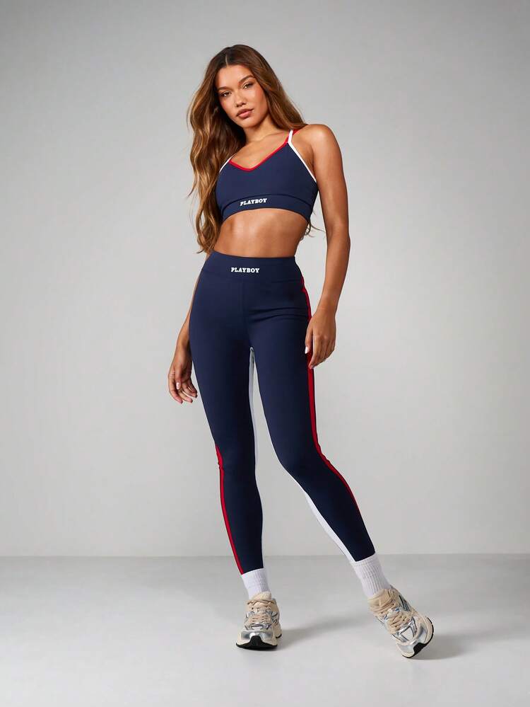 Missguided x Playboy Sports Bra And Legging Set With V-Neck Design Red Trim Contrast Detailing Activewear Two Piece Workout Outfit Athleisure