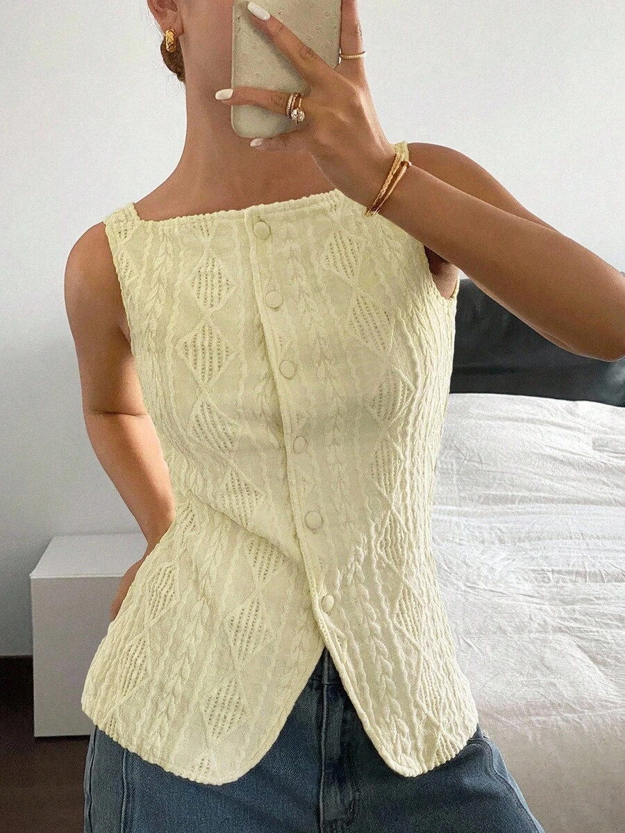 Siren Gaze Women's Simple Textured Front Button Square Collar Sleeveless Shirt, Summer Casual - Yellow - View 1