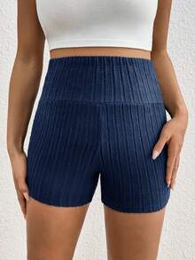 SHEIN Quần short gân cạp chun màu trơn cho bà bầu - Màu xanh hải quân - Xem 5