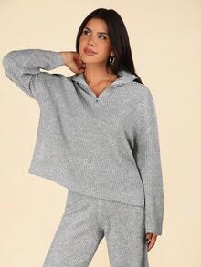 Coeurva Women's Solid Color Zipper Half Placket Dropped Shoulder Long Sleeve Sweater And Knitted Pants Casual Set, Autumn/Winter - Grey - View 5