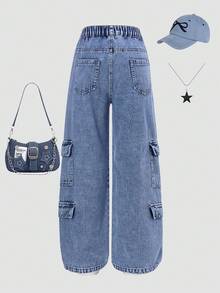 Sparklyn 少女Y2K风格浅色水洗牛仔多口袋直筒宽松裤，面料柔软舒适，百搭实用，适合户外活动、节日庆典、派对等场合，当季新品上市。 - 中等水洗藍 - 查看 2