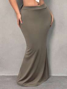 SHEIN SXY Váy chữ A lưng thun màu trơn cỡ lớn cho nữ, thường ngày, thu/đông - Màu nâu Sô-cô-la - Xem 5