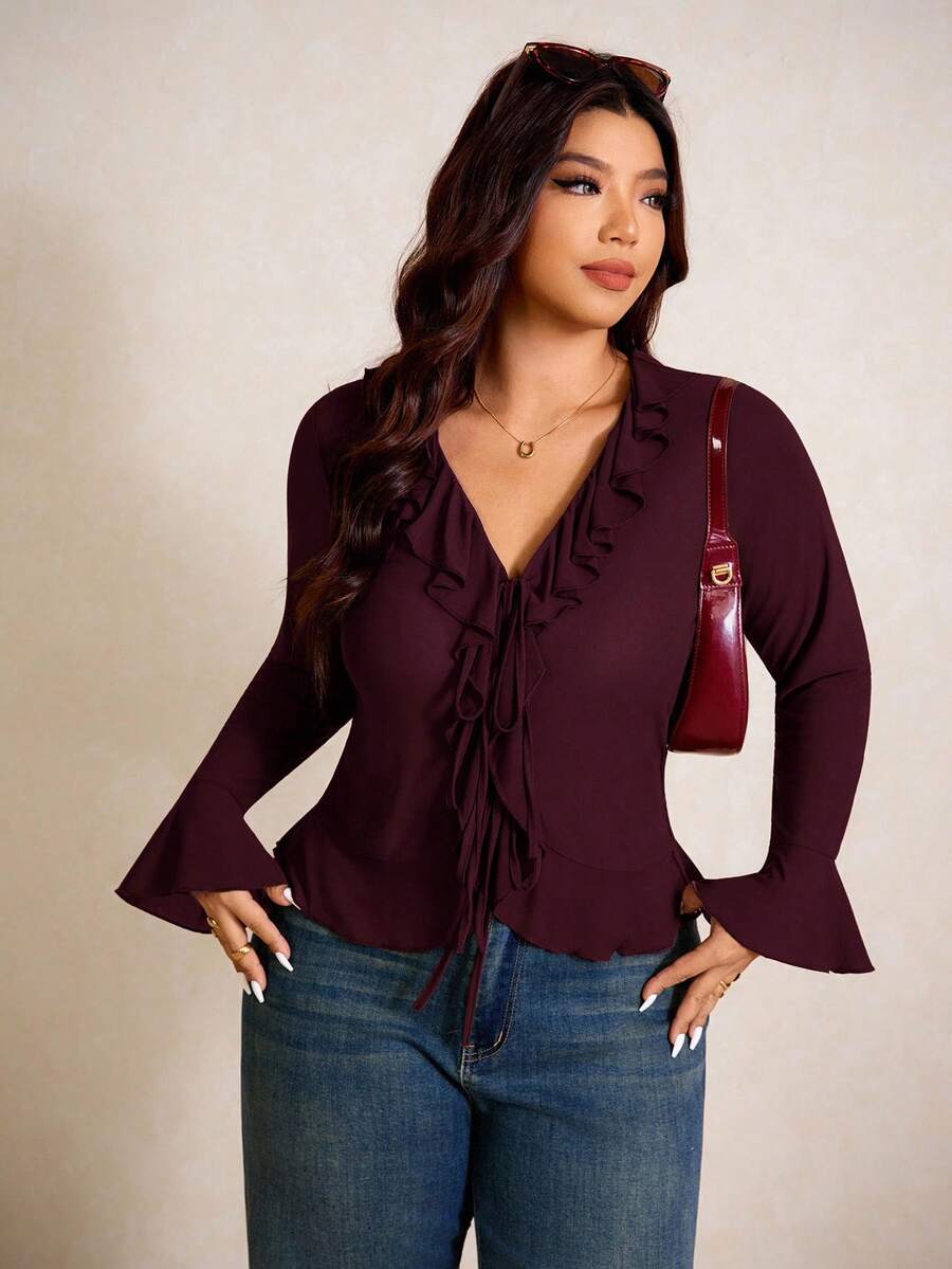 Elaquor Blusa de mujer de talla grande con cuello de volantes, manga acampanada y lazo delantero en unicolor, para primavera. Blusa con lazo delantero para mujer en primavera - Burdeos - Ver 1