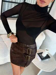 Lavishia Women's Brown PU Leather A-Line Skirt, Fashionable & Elegant, Suitable For Outings, Commuting, And Gatherings In Autumn/Winter Brown Leather Skirt Dark Brown Skirt Belted Skirt High Waist Skirt Mini Skirt Summer Clothes  Elegant - Coffee Brown - View 7