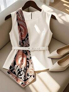 GlowEve 女士春夏印花拼接无袖上衣，带腰带环 - 白色 - 查看 1