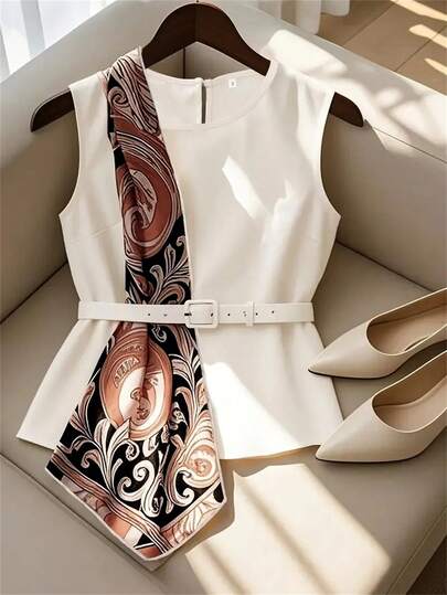 GlowEve Women's Spring/Summer Printed Patchwork Sleeveless Top With Waist Belt Loop