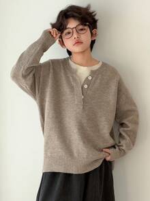 DAZY Tween Boy Button Crew Neck Casual Versatile Long Sleeve Pullover Sweater