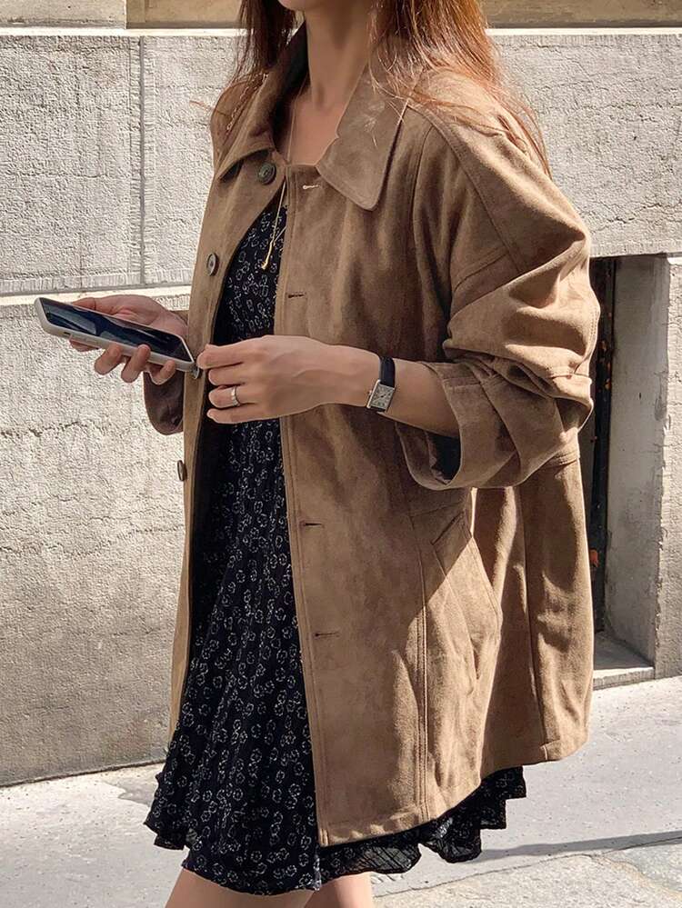 Women's Suede Jacket, Mid-Length, Turndown Collar, Casual, Versatile, Windbreaker, Regular Fit Women Coats