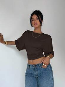 SHEIN PETITE CURVE Plus Size Women Solid Color Pleated Fashionable Versatile Mid-Sleeve T-Shirt