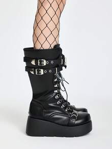 ROMWE Grunge Punk 女装时尚秋冬2025朋克风厚底圆头侧拉链黑色休闲中筒靴,女士时尚可调节扣带平底靴,女高端户外工作休闲轻便防滑过膝靴,女聚氨酯一体式增高柔软舒适靴子,万圣节女大学生户外运动必备高跟细跟百搭增高链条靴 - 黑色 - 查看 5