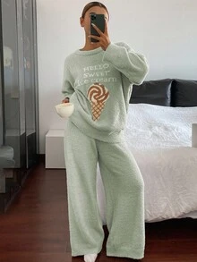 DAZY 2pcs Ice Cream Print Fleece Knit Loose Pajama Set For Women, Autumn/Winter - Mint Green - View 5