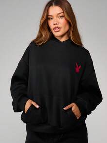 Missguided x Playboy Oversized Magazine Cover Print Sweatshirt Long Sleeve Pullover Hoodie Casual Street Style Winter Fall Outerwear Graphic Statement Piece - Black - View 2