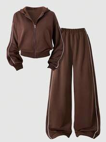 SHEIN ChillGRL Teen Girl Casual Contrast Trim Hooded Jacket And Wide Leg Pants Set, Autumn