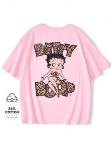 Betty Boop x SHEIN Women's Leopard Print And Cartoon Figure Graphic Round Neck Short Sleeve T-Shirt - Pink - View 1