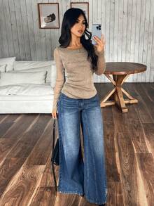 SHEIN PETITE 女式高腰口袋阔腿宽松休闲百搭牛仔裤 - 藍色 - 查看 3