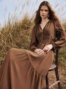 Florisole 女士秋冬波西米亚风优雅雪纺连衣裙，收腰设计，高品质 - 棕色 - 查看 1