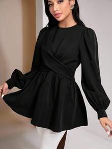 Veilorie Women's Solid Color Round Neck Raglan Lantern Sleeve Ruffle Hem Elegant Blouse - Black - View 4