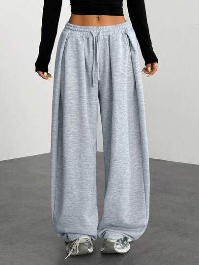 SHEIN PETITE 女士秋季街头服饰基本款日常外出机场休闲灰色低腰宽松香蕉裤