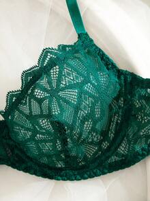 SHEIN 2件套女士性感纯色蕾丝钢圈文胸和内裤套装 - 墨綠色 - 查看 6