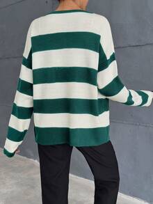 EURMUSE Elegant Contrast Color Stripe Color Block Round Neck Long Sleeve Golden Button Detailed Cardigan - Dark Green - View 5