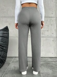 Pantalones rectos de unicolor informales de talla grande - Gris - Ver 5