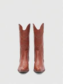 Aloruh 女士时尚靴子、西部靴、中筒V形棕色铆钉装饰靴、方头低跟靴、高筒马靴、女士牛仔靴 - 棕色 - 查看 5