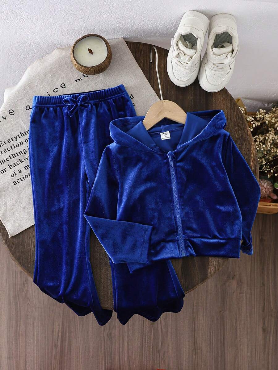 SHEIN 2pcs Young Girls Casual Solid Color Jacket & Pants Set - Blue - View 1