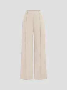 SHEIN Unity Women's Casual Straight Leg Suit Pants Apricot Long Plain Fabric With Zipper - Apricot - View 1