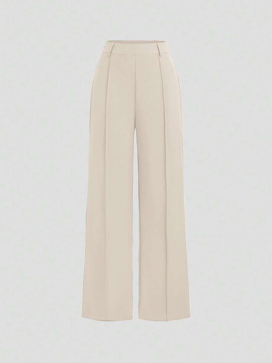 SHEIN Unity Women's Casual Straight Leg Suit Pants Apricot Long Plain Fabric With Zipper - Apricot - View 1