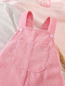 SHEIN Newborn Flamingo Pattern Embroidered Bib Overalls & Long Sleeve T-Shirt Set - Pink - View 6