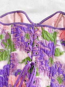 Soleia Top court bandeau style vintage avec imprimé floral jacquard, avec boutons et lien dans le dos pour femmes - Multicolore - Voir 6