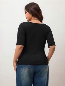 Enliva 大码女式高弹修身方领短袖T恤，亲肤春夏款，适合圆润身材，兼容苹果圆润体型/2026/新年 - 黑色 - 查看 2