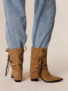 Styleloop Vintage Western Style Pointed Toe Chunky Heel Ankle Boots For Christmas - Brown - View 8