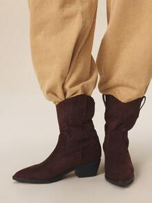 Styleloop 女士尖头西部风时尚休闲粗跟中筒靴 - 棕色 - 查看 4