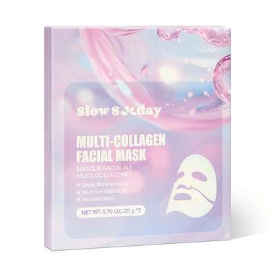 SlowSunday Multi-Collagen Facial Mask, 3pcs, Korean Collagen Mask, Jelly Collagen Face Mask, Deep Moisturizing, Improve Elasticity, Smooth Skin, Y2K, Vegan Formula, Alcohol-Free & Fragrance-Free, K Beauty, Ideal For All Skin Types , Great For Dating, Birthday, Anniversary, Or Any Special Occasion, Ideal For Party, Suitable For Summer