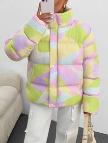 EURMUSE Giacca invernale casual, ampia, con chiusura lampo anteriore e stampa geometrica, manica lunga, da donna