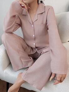 Dream Adore Women's Pink Plain Pajama Set Long Regular Sleeves Lapel Neck Casual Woven Fabric With Pockets Long Pant Sleepwear
